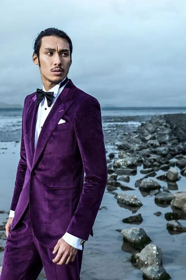 Velvet Mens Suits for Prom Peak Lapel Wedding Tuxedo for Groom