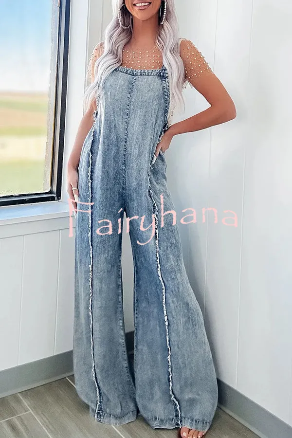 Vintage Washed Denim Raw Edge Elastic Waist Wide Leg Jumpsuit