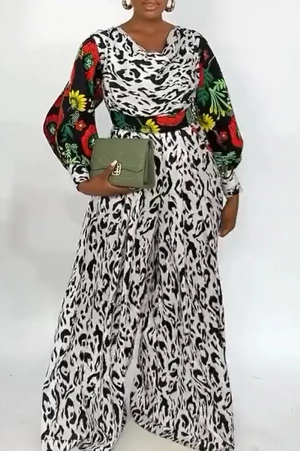 White Black Floral Print Zipper V Neck Hollow Out Patchwork Casual Loose Vacation Wide Leg Jumpsuits