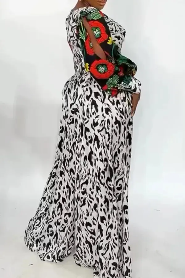 White Black Floral Print Zipper V Neck Hollow Out Patchwork Casual Loose Vacation Wide Leg Jumpsuits
