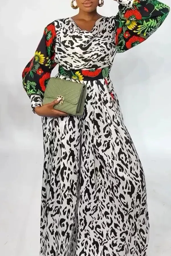White Black Floral Print Zipper V Neck Hollow Out Patchwork Casual Loose Vacation Wide Leg Jumpsuits