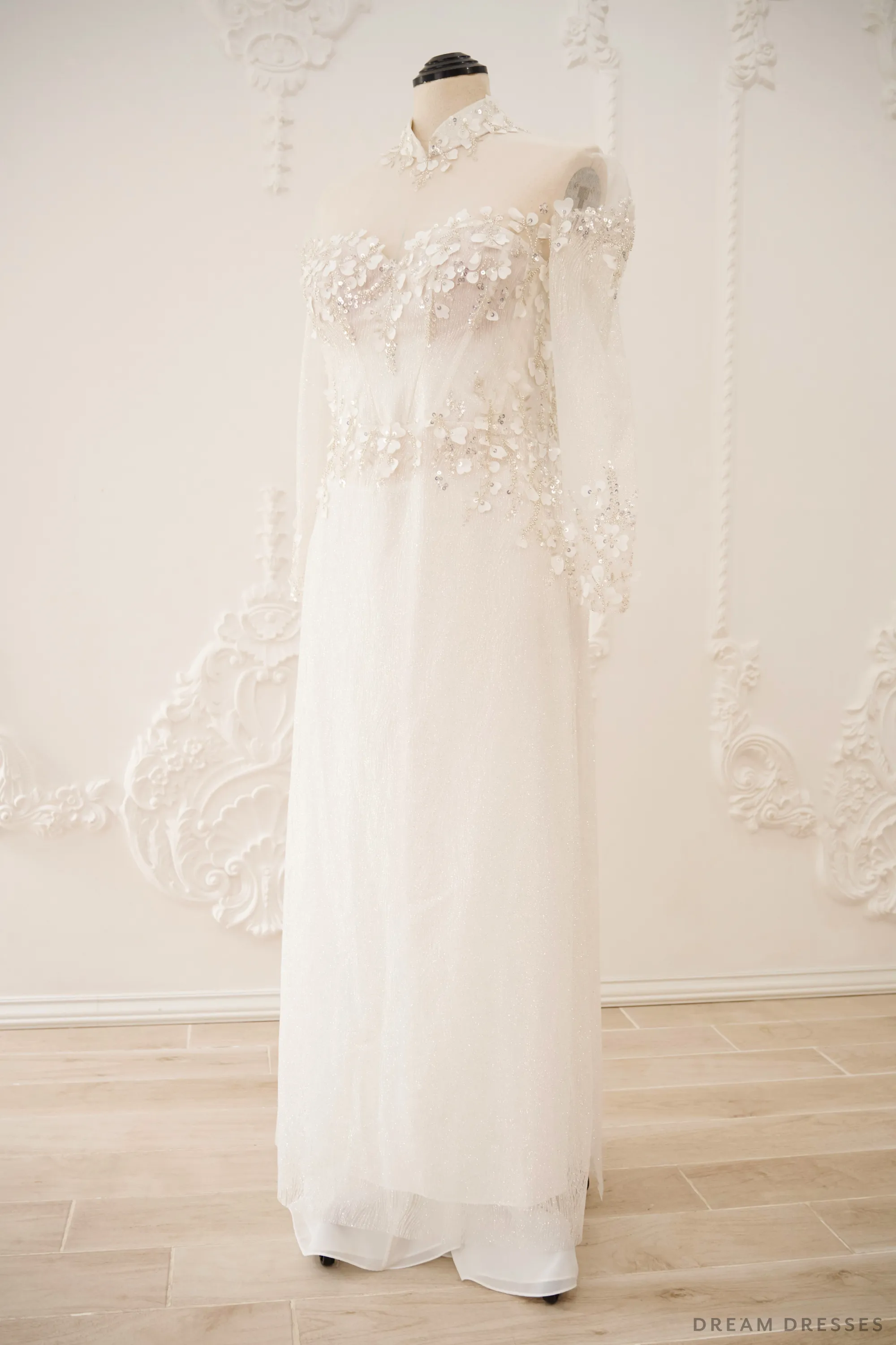 White Bridal Ao Dai | Vietnamese Traditional Bridal Dress with 3D Lace (#JANG)