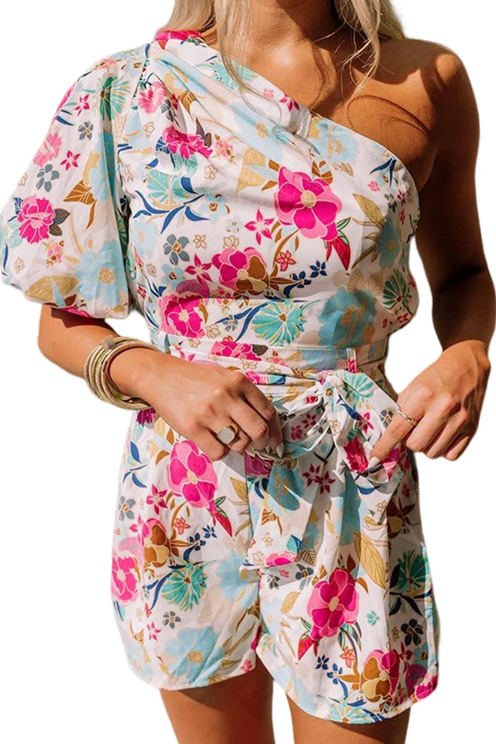 White Floral Single Bubble Sleeve Slant Shoulder Romper