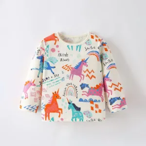 White Long Sleeve T-Shirt for Kids with Playful Colorful Unicorns