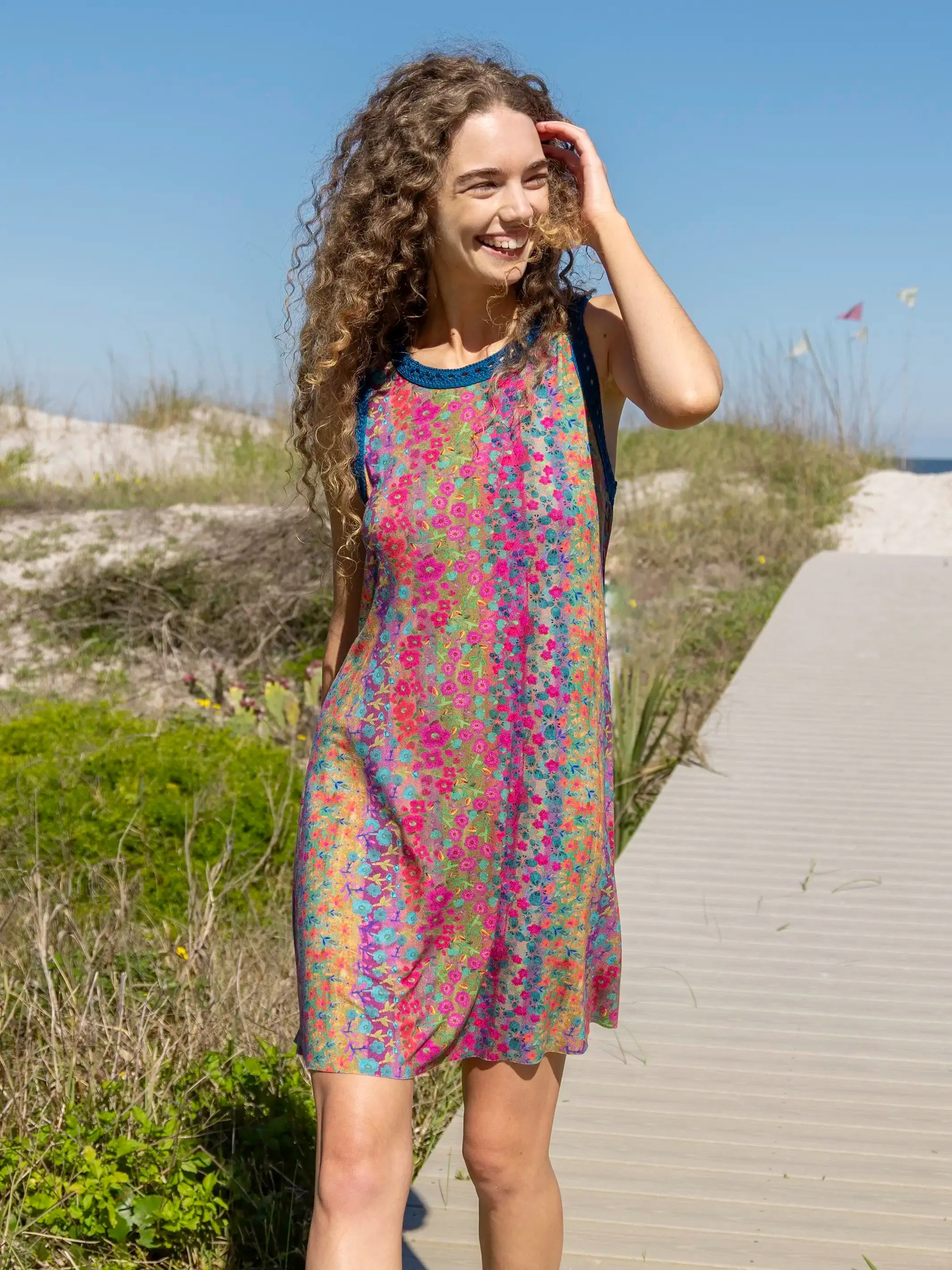Willow "ButterSoft" Trim Mini Dress - Dark Rainbow Floral