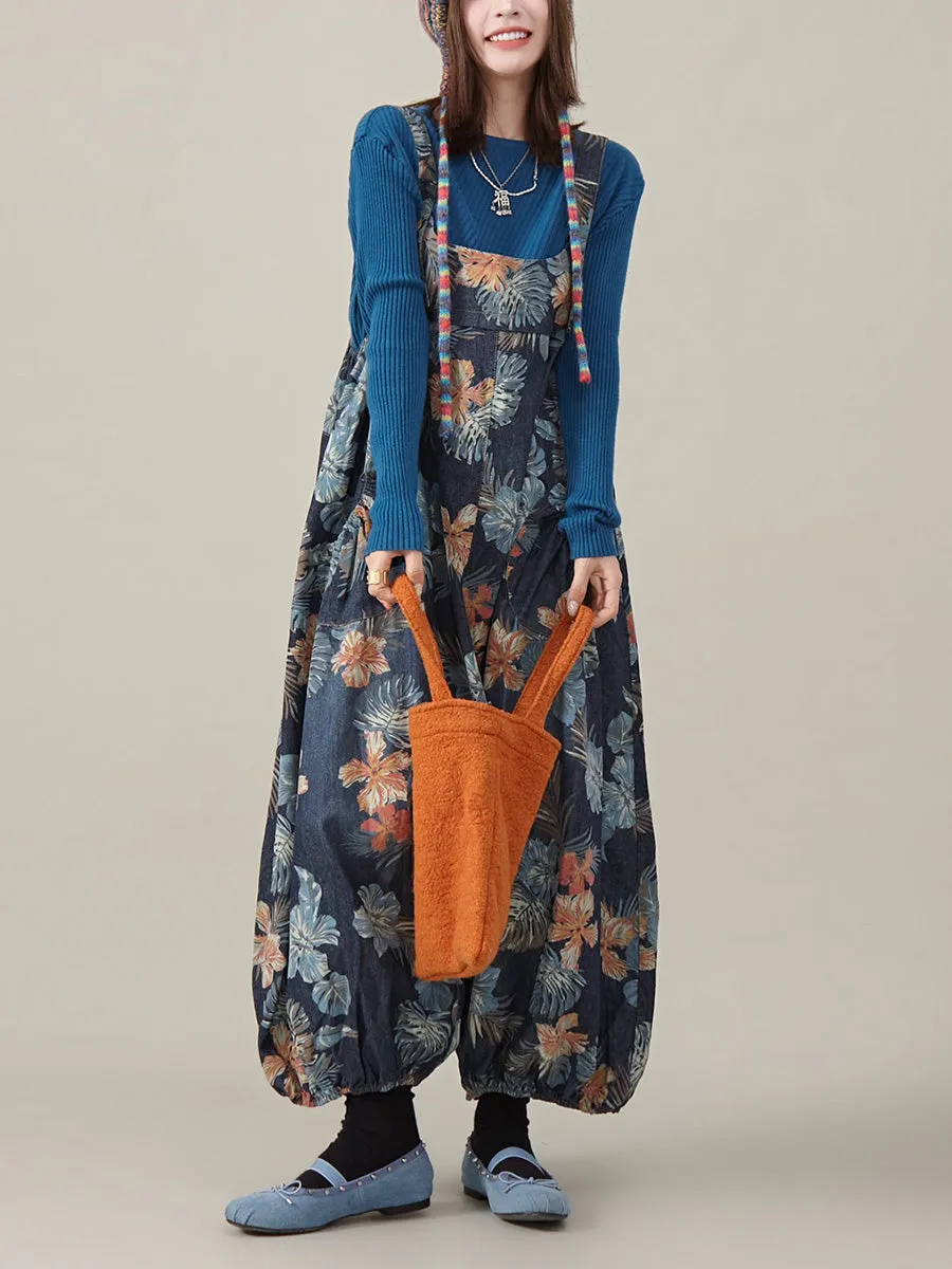 Women Summer Artsy Flower Denim Harem Jumpsuits
