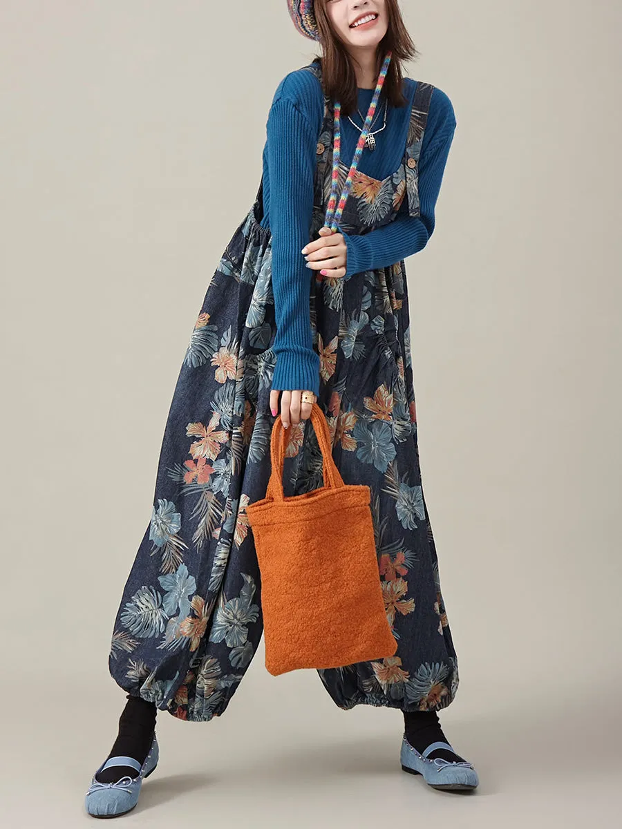 Women Summer Artsy Flower Denim Harem Jumpsuits