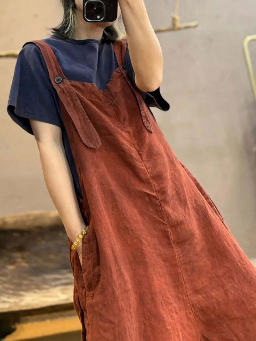 Women Summer Retro Pure Color Linen Loose Jumpsuits