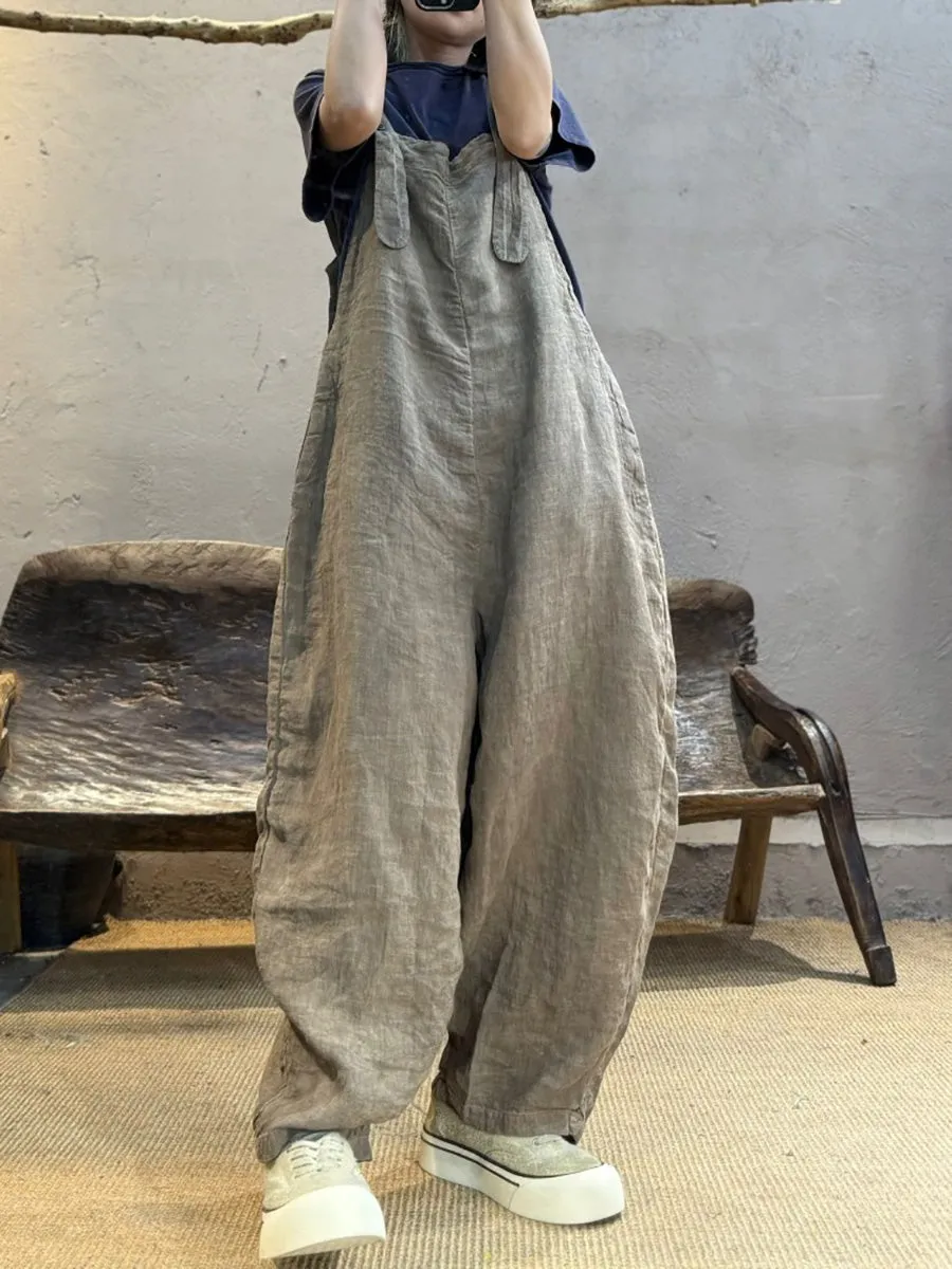 Women Summer Retro Pure Color Linen Loose Jumpsuits