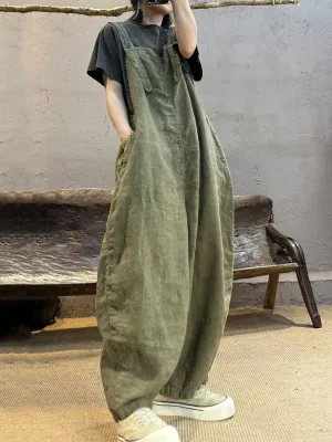 Women Summer Retro Pure Color Linen Loose Jumpsuits