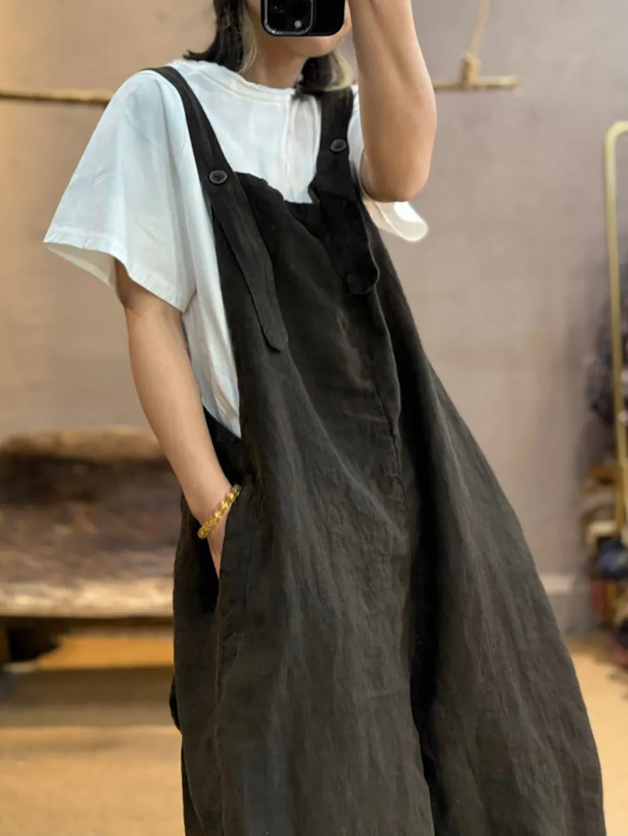 Women Summer Retro Pure Color Linen Loose Jumpsuits