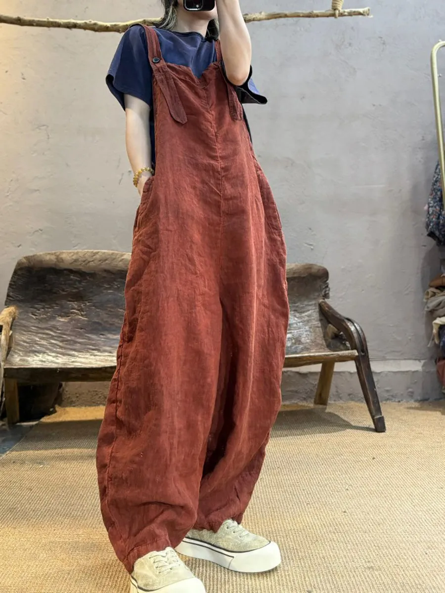 Women Summer Retro Pure Color Linen Loose Jumpsuits