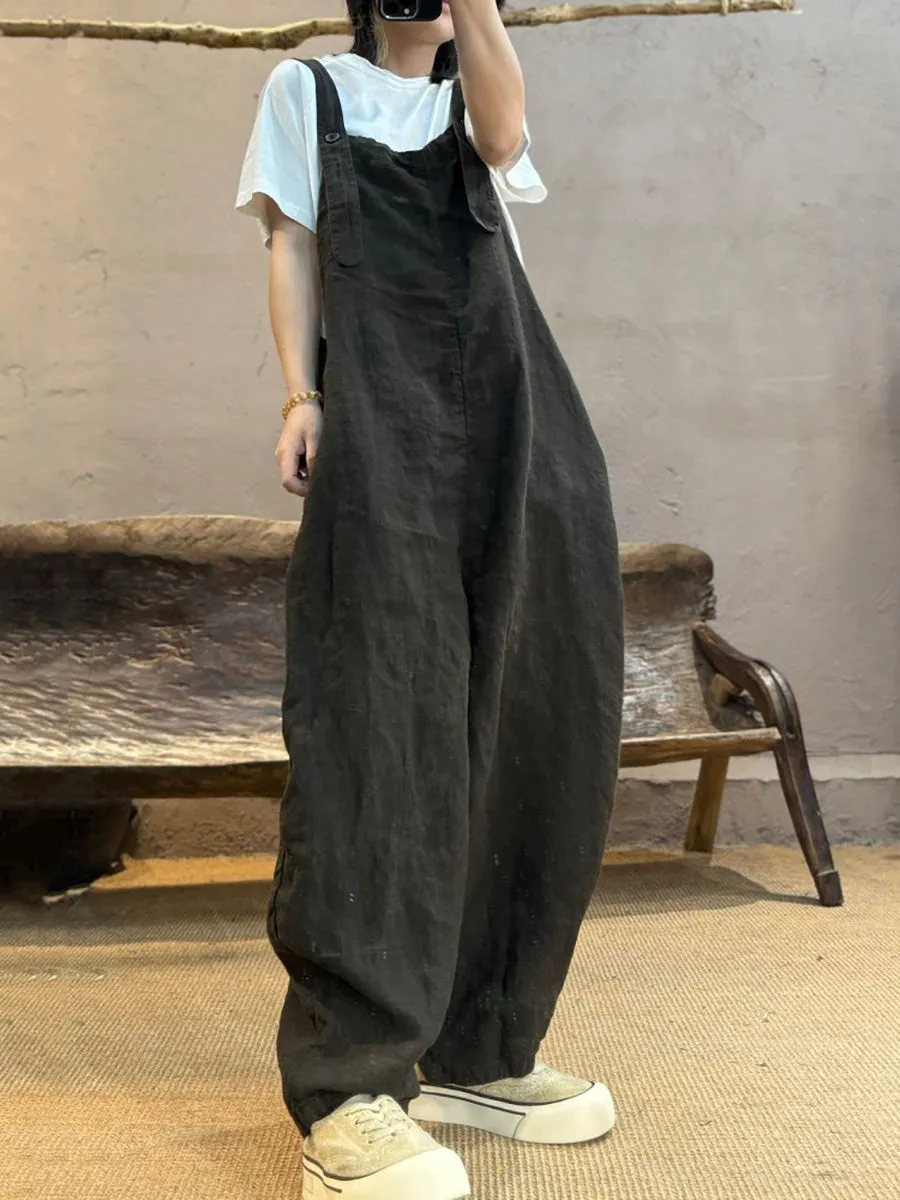 Women Summer Retro Pure Color Linen Loose Jumpsuits