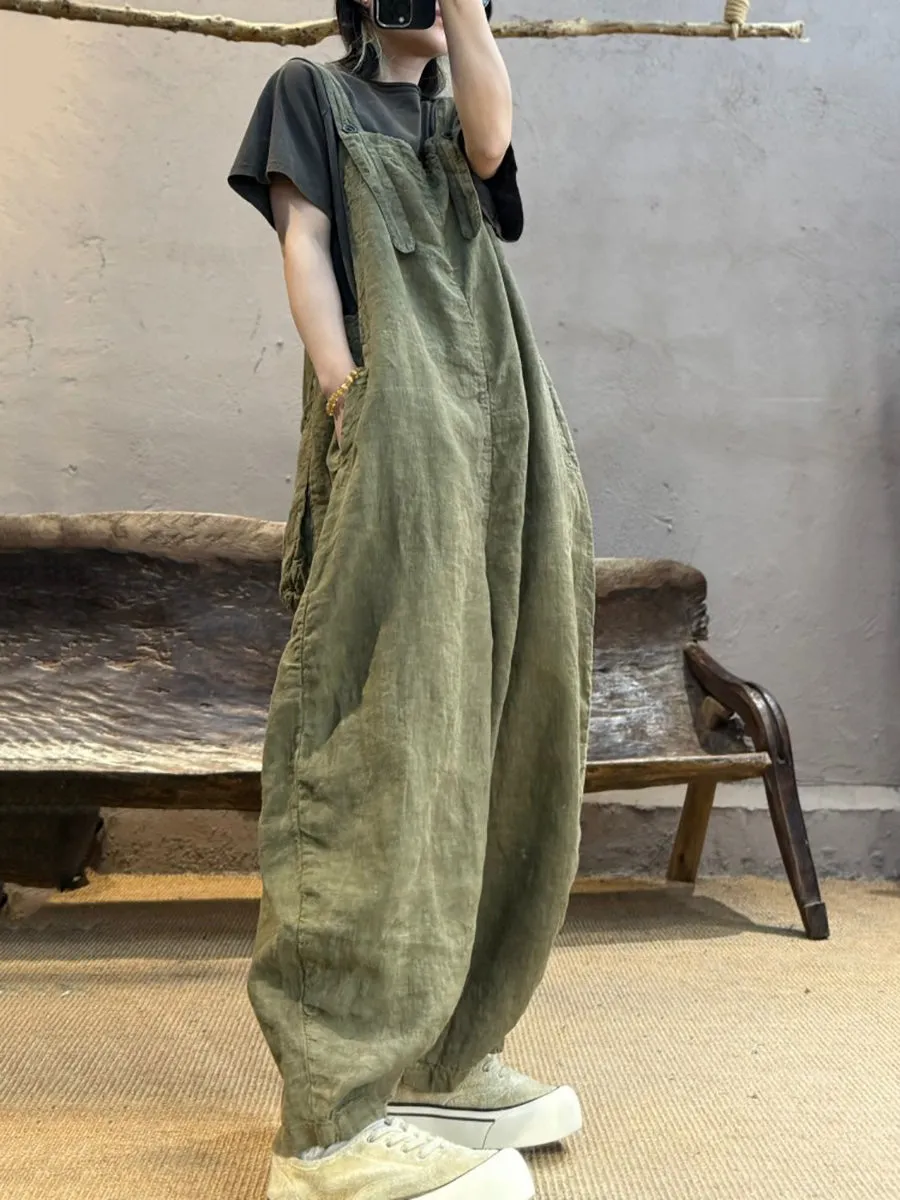 Women Summer Retro Pure Color Linen Loose Jumpsuits