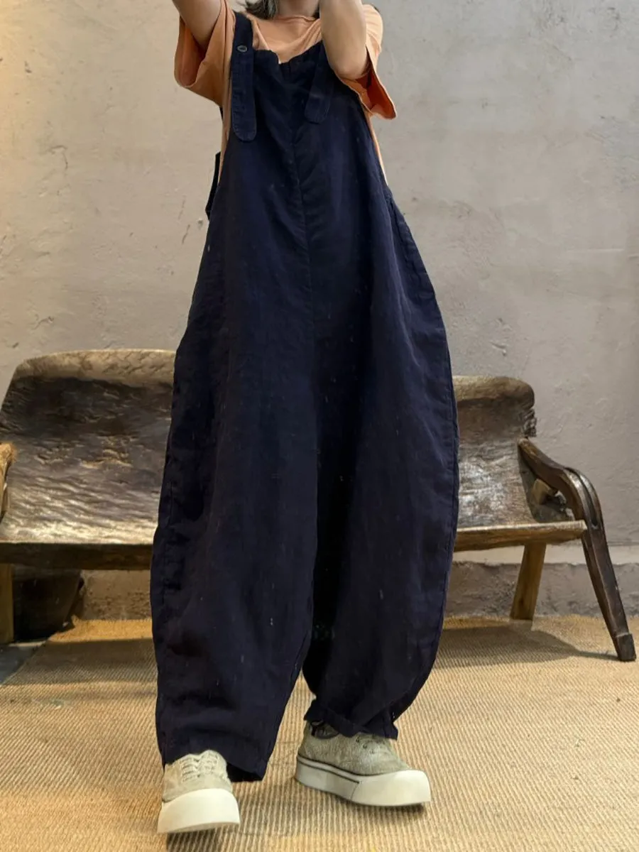 Women Summer Retro Pure Color Linen Loose Jumpsuits