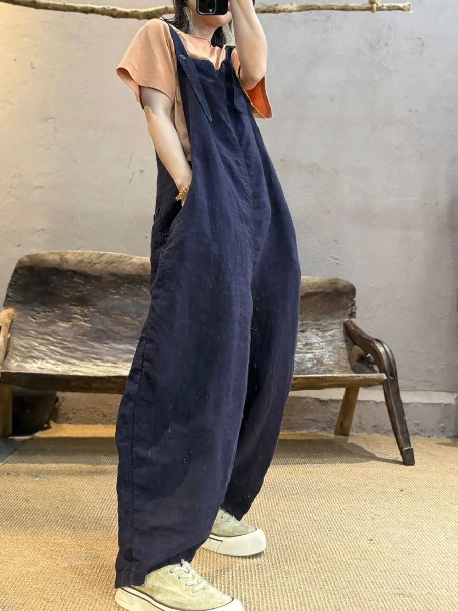 Women Summer Retro Pure Color Linen Loose Jumpsuits