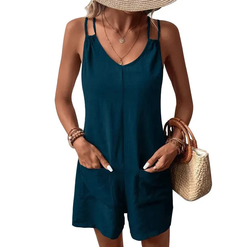 Women's Casual Summer Soild Green Color  Short Rompers Overalls 2024 Loose Sleeveless Double Sling Strap Jumpsuits with Pockets