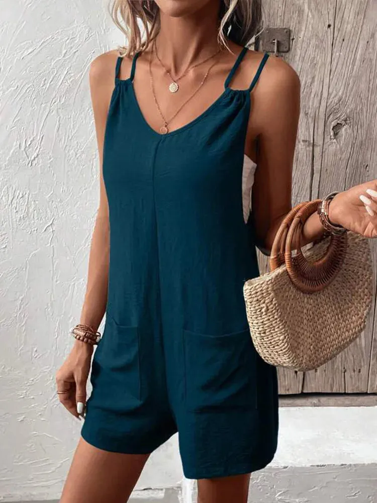 Women's Casual Summer Soild Green Color  Short Rompers Overalls 2024 Loose Sleeveless Double Sling Strap Jumpsuits with Pockets