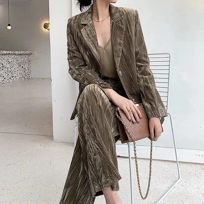 Womens Gold Velvet Casual Suit - Spring  Autumn Western Style