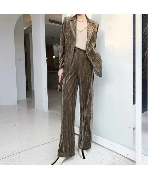Womens Gold Velvet Casual Suit - Spring  Autumn Western Style