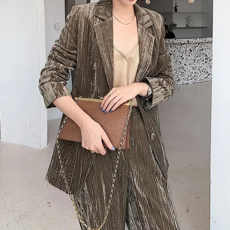 Womens Gold Velvet Casual Suit - Spring  Autumn Western Style
