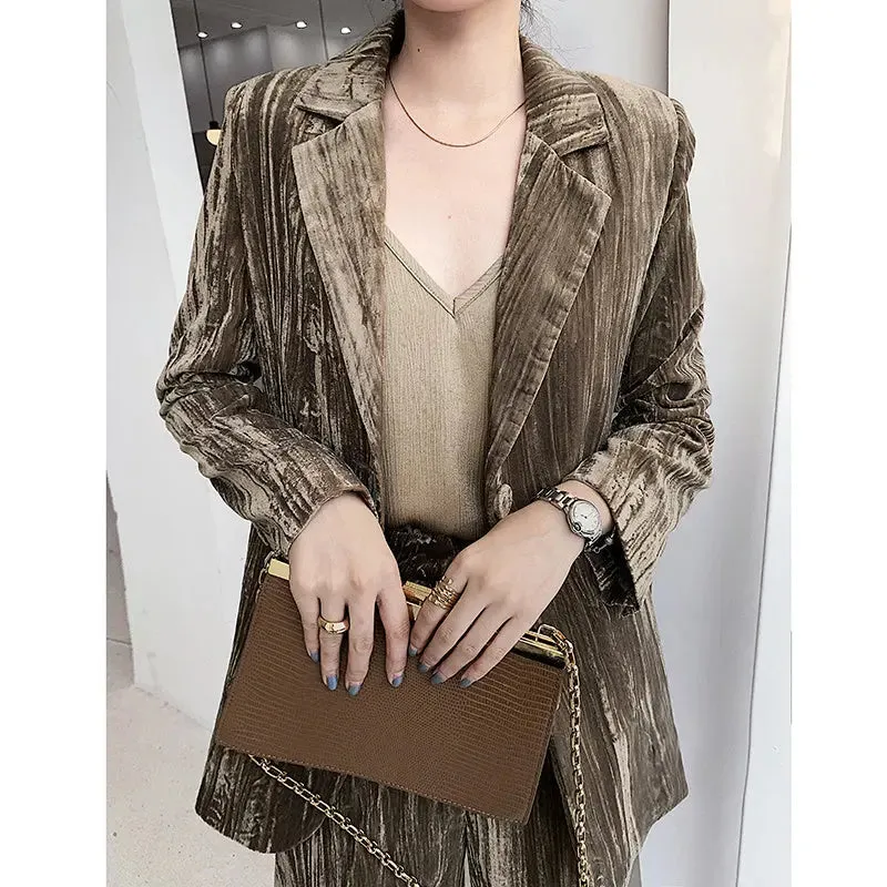 Womens Gold Velvet Casual Suit - Spring  Autumn Western Style