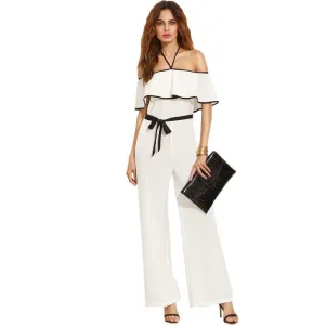 Womens Romper Jumpsuit Black and White Halter Neck Short Sleeve Ruffle Tie Waist Elegant Jumpsuit