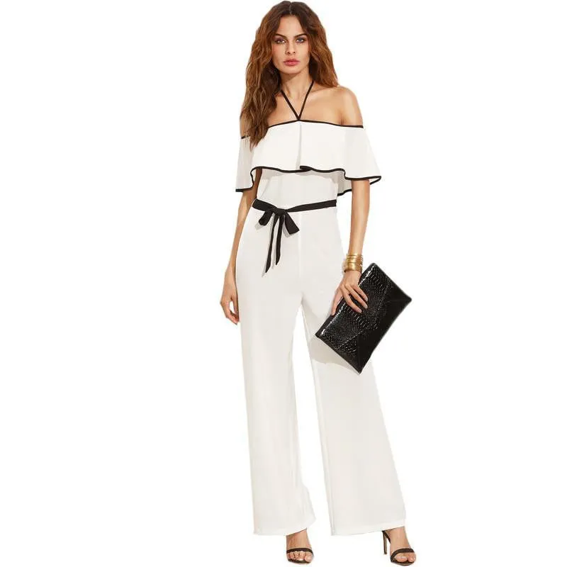 Womens Romper Jumpsuit Black and White Halter Neck Short Sleeve Ruffle Tie Waist Elegant Jumpsuit